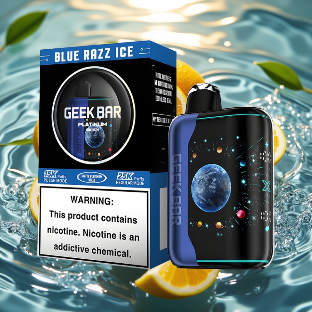 GEEK BAR Platinum Edition 25000 Puffs USB-C Recarga Rápida Tela 3D Curva Sabor Framboesa Azul Gelo