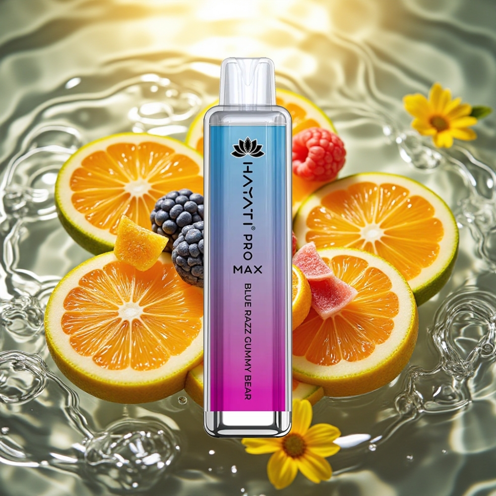 Hayati Pro Max 4000 Puffs Recarregável LED Crystal 2ml/10ml 2%/5% Nicotina Sabor Ursinho de Goma Framboesa Azul