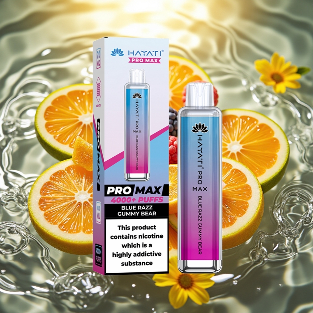 Hayati Pro Max 4000 Puffs Recarregável LED Crystal 2ml/10ml 2%/5% Nicotina Sabor Ursinho de Goma Framboesa Azul