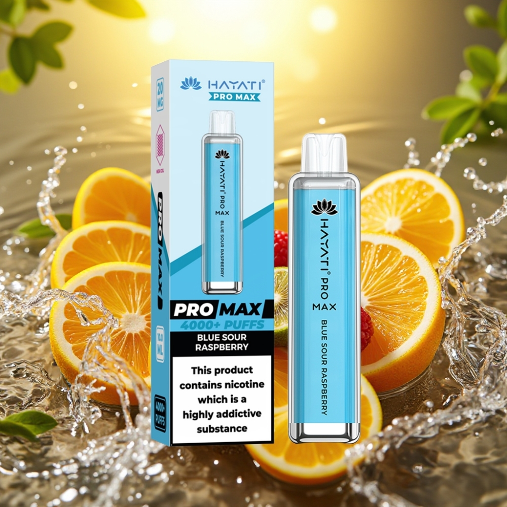 Hayati Pro Max 4000 Puffs Recarregável Resistência Dupla 1.1 Ohm LED TPD Framboesa Azul Azeda