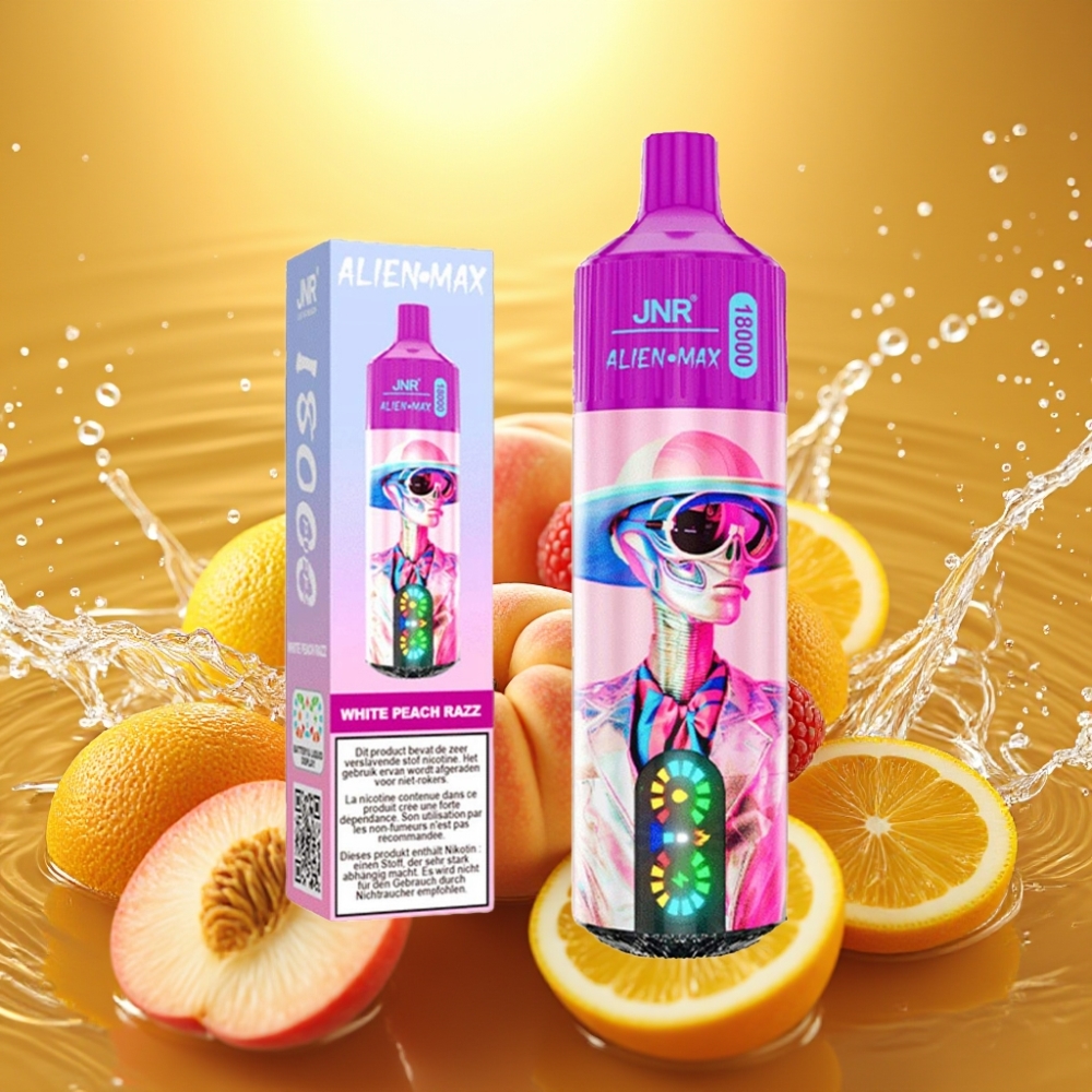 JNR Alien Max 18000 Puffs LED Dual Mesh 28ml Pêssego Branco Razz
