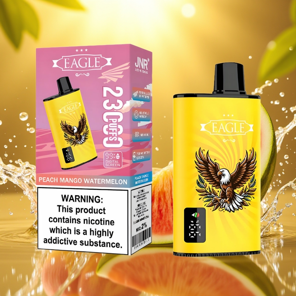 JNR EAGLE Smart 23000 Puffs Tela Digital Bobina Mesh 1.0ohm Fluxo de Ar Ajustável Recarga Type-C 25ml Pêssego Manga Melancia