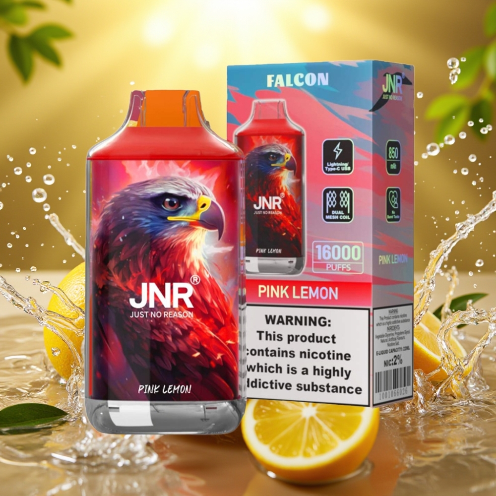 JNR Falcon 16000 Puffs 22ml 850mAh Dual Mesh Type C LED Limão Rosa 0%2%