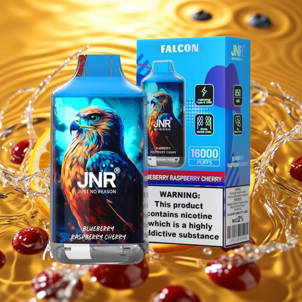 JNR Falcon 16000 Puffs 850mAh 22ml Dual Mesh Coil Smart LED Display Type C & Lightning 0%2% Mirtilo Framboesa Cereja