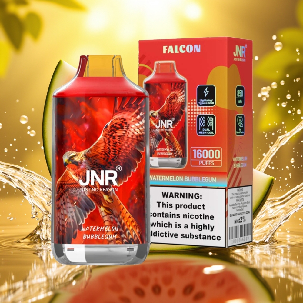 JNR Falcon 16000 Puffs 850mAh 22ml Dual Mesh Coil Tipo C & Lightning Tela LED Sabor Melancia Chiclete