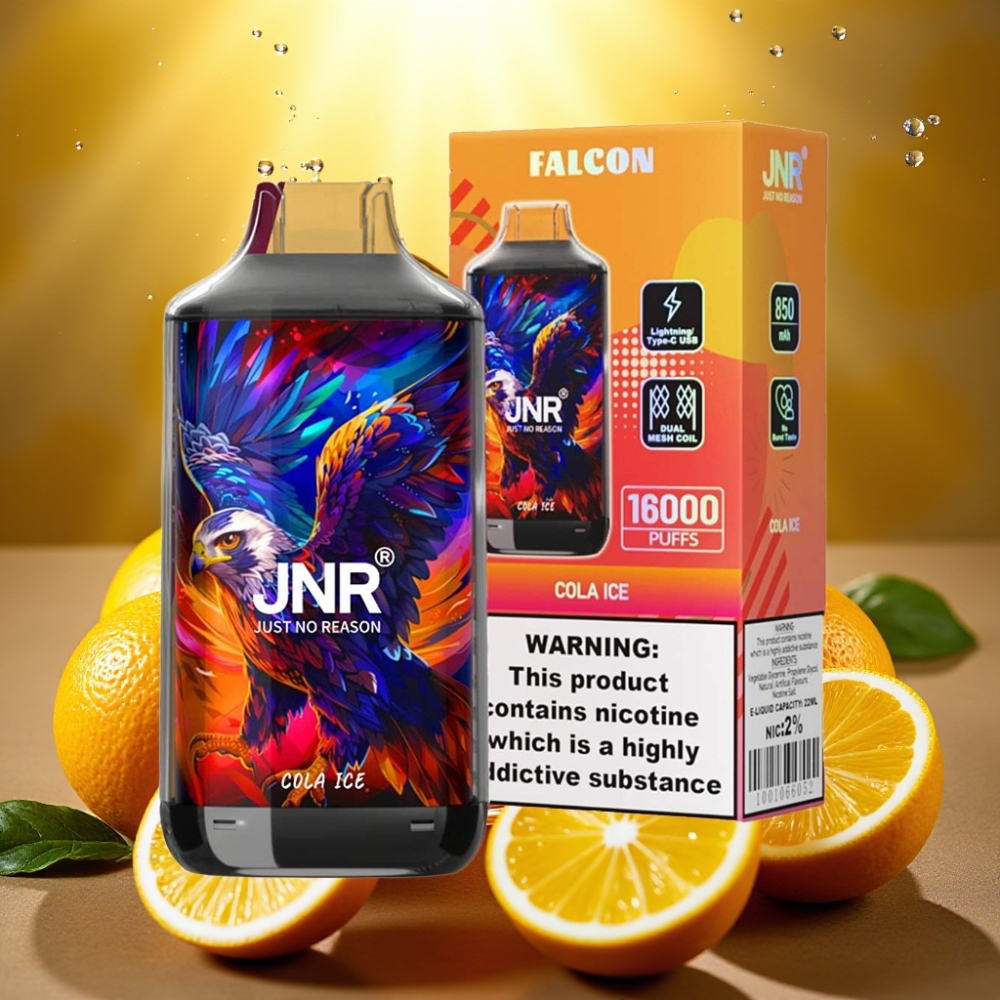 JNR Falcon 16000 Puffs 850mAh 22ml Dual Mesh Coil Type C/Lightning LED Display 0%/2% Gelo de Cola