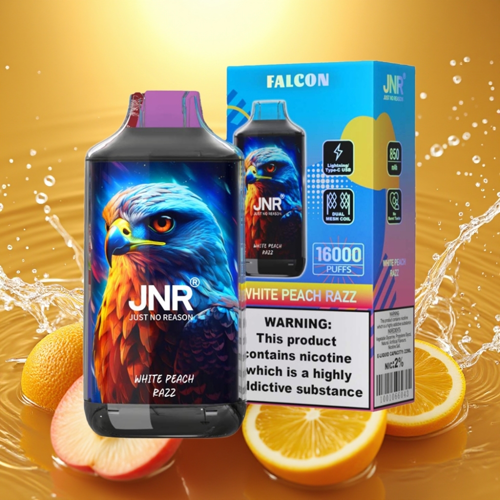 JNR Falcon 16000 Puffs 850mAh 22ml Dual Mesh Coil Type C/Lightning LED Display 0%/2% Pêssego Branco Razz