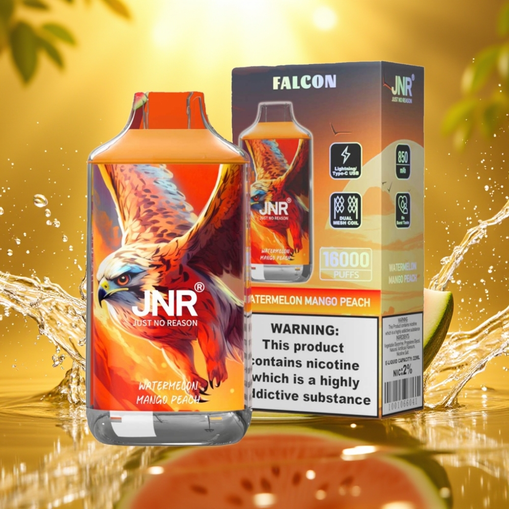 JNR Falcon 16000 Puffs 850mAh 22ml Dual Mesh Coil Type C/Lightning Smart LED 0%/2% Melancia Manga Pêssego