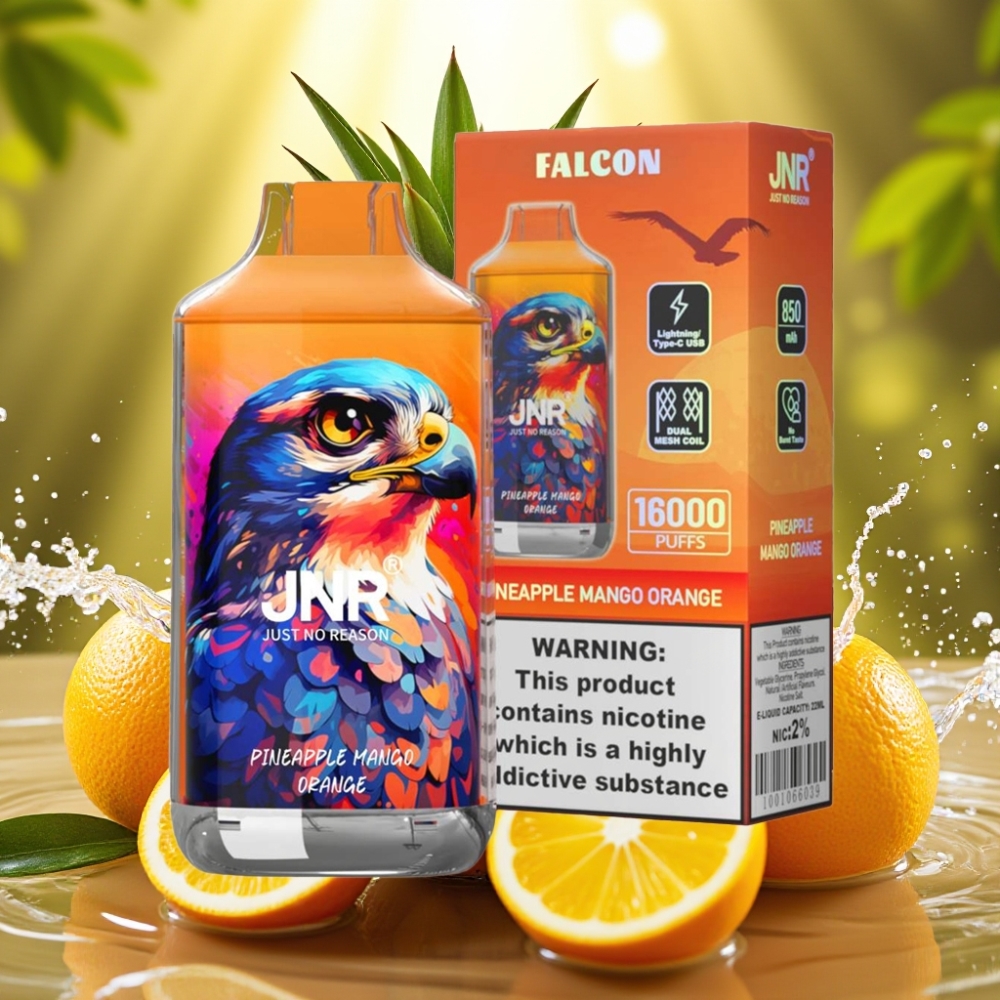 JNR Falcon 16000 Puffs 850mAh 22ml Dual Mesh Tipo C & LED Abacaxi Manga Laranja