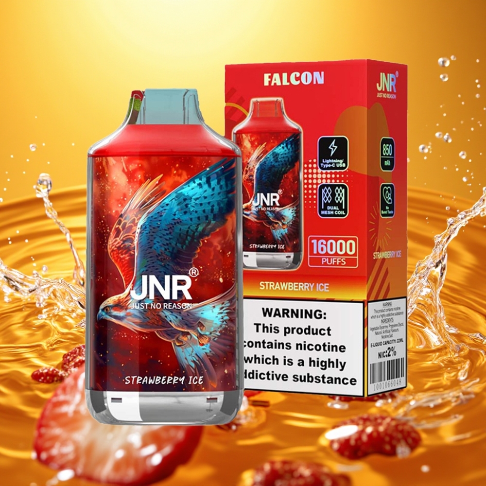 JNR Falcon 16000 Puffs 850mAh 22ml Dual Mesh Tipo C & LED Morango Gelo 0% 2%