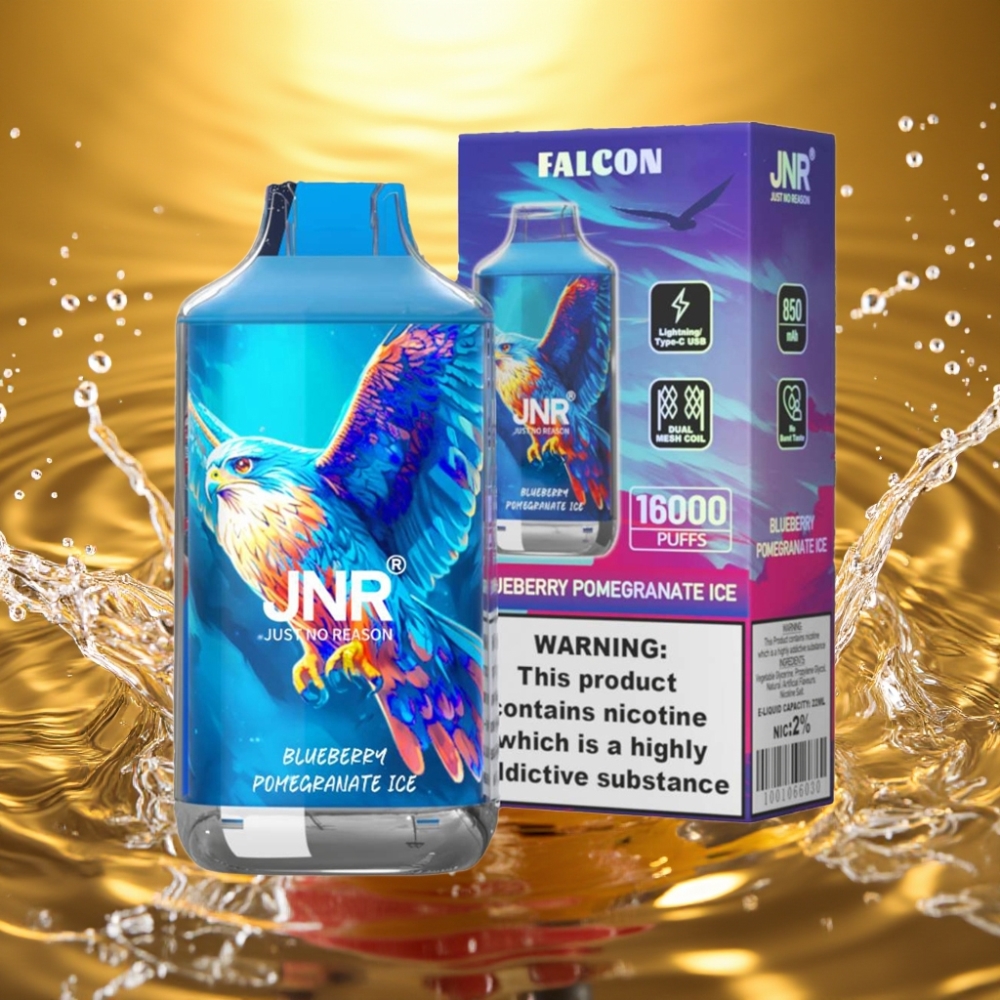 JNR Falcon 16000 Puffs 850mAh 22ml Dual Mesh Tipo C & Lightning LED 0%2% Mirtilo Romã Gelo