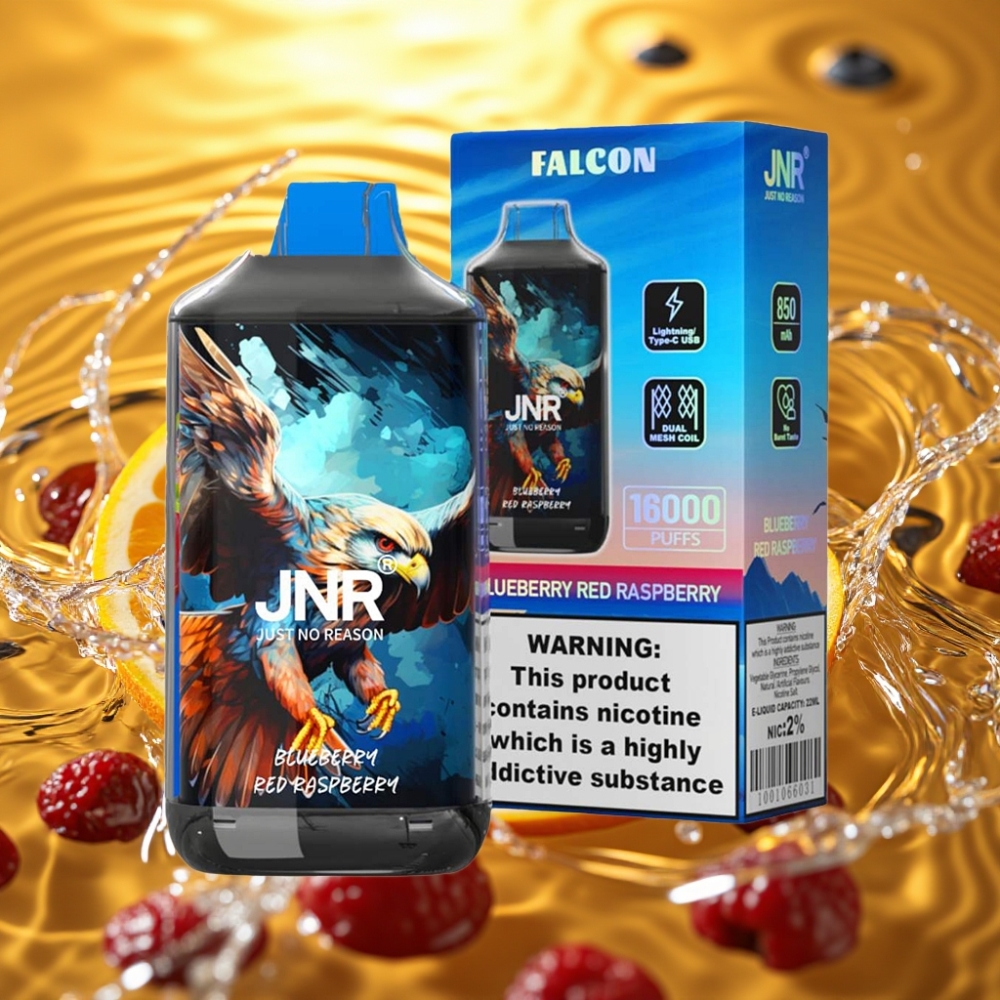JNR Falcon 16000 Puffs 850mAh 22ml Dual Mesh Tipo C & Lightning LED Display 0% 2% Mirtilo Framboesa Vermelha