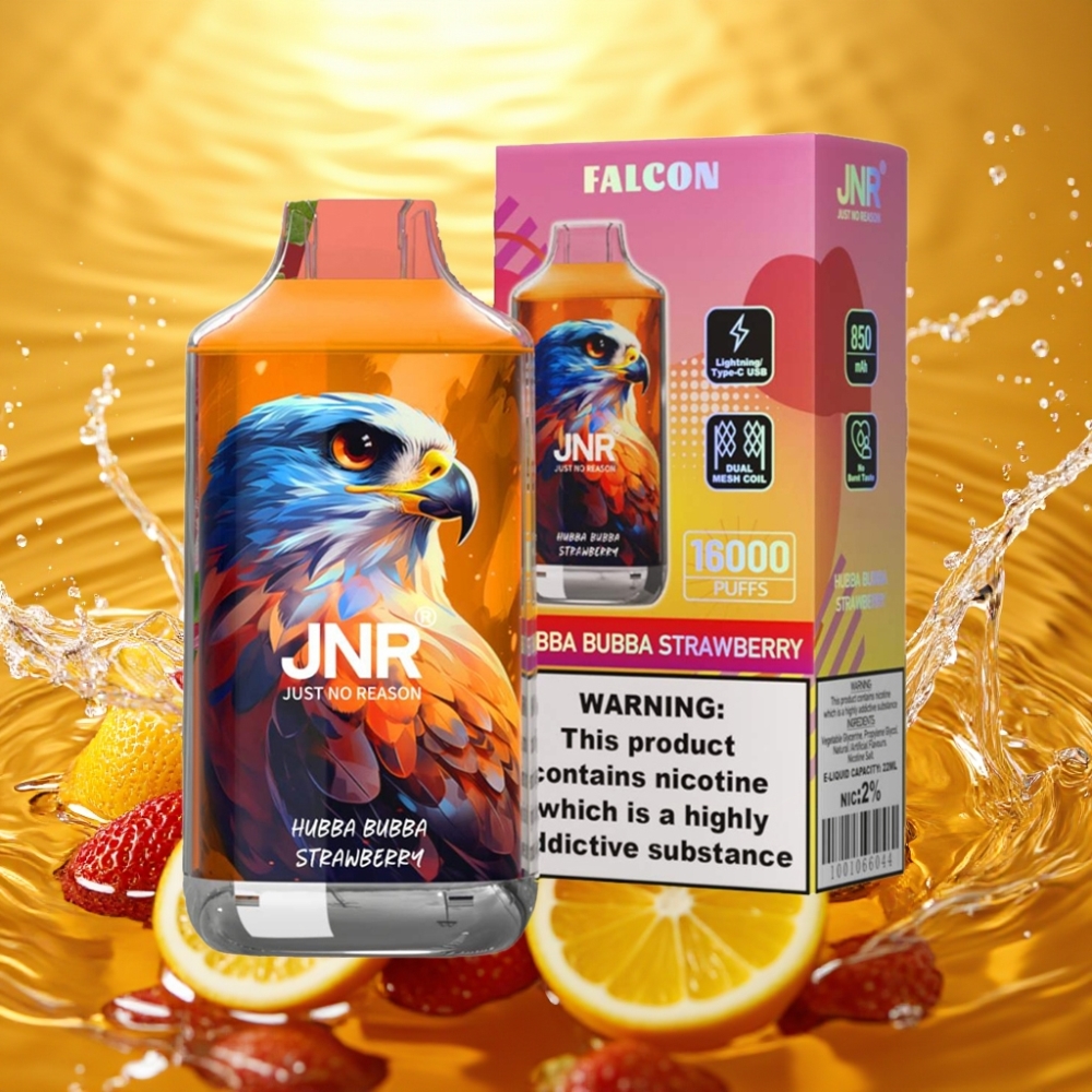 JNR Falcon 16000 Puffs Disposable Vape Morango Hubba Bubba 22ml Dual Mesh Tipo C & Lightning LED 0%2% 850mAh
