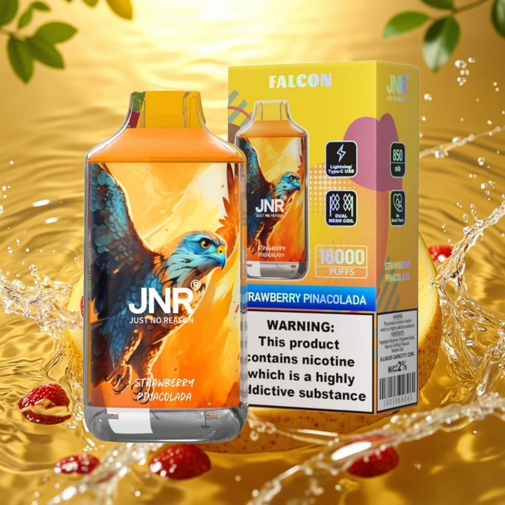 JNR Falcon 16000 Puffs Disposable Vape Morango Pina Colada 850mAh 22ml Dual Mesh Coil Type C LED