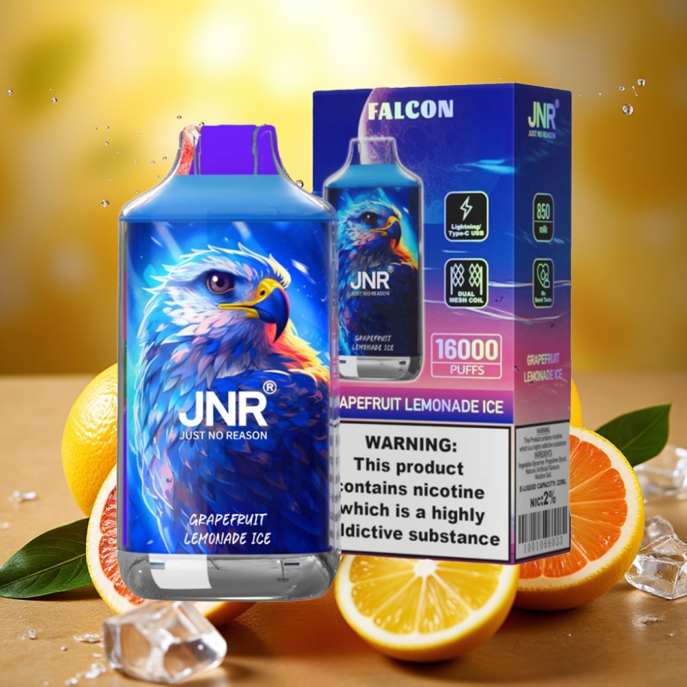 JNR Falcon 16000 Puffs Disposable Vape Toranja Limonada Gelo 850mAh 22ml Dual Mesh Type C LED 0%2%