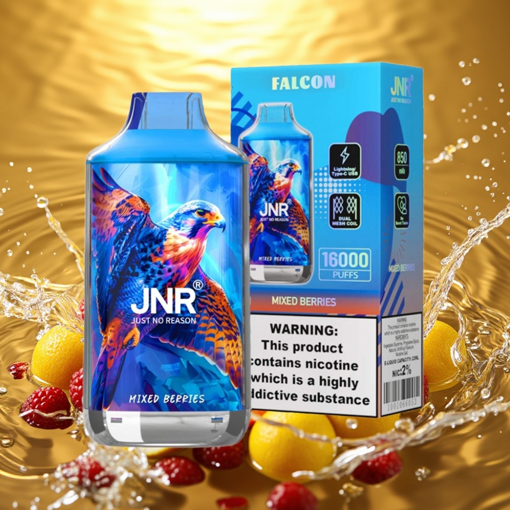 JNR Falcon 16000 Puffs Dispositivo Vaporizador Descartável Bagas Misturadas Tipo C LED Dual Mesh 22ml 850mAh 0%2%