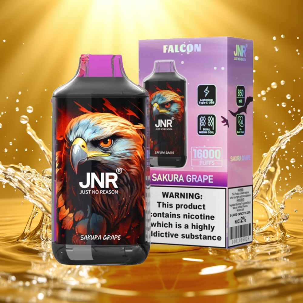 JNR Falcon 16000 Puffs Recarregável Sakura Uva Dual Mesh LED Tipo C Lightning 850mAh 22ml 0%2%