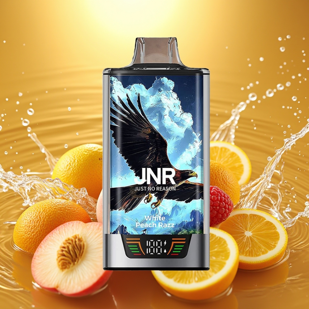 JNR Falcon Pro 28000 Recarregável USB-C Tela Inteligente Coil Duplo MTL Sabor Pêssego Branco Razz