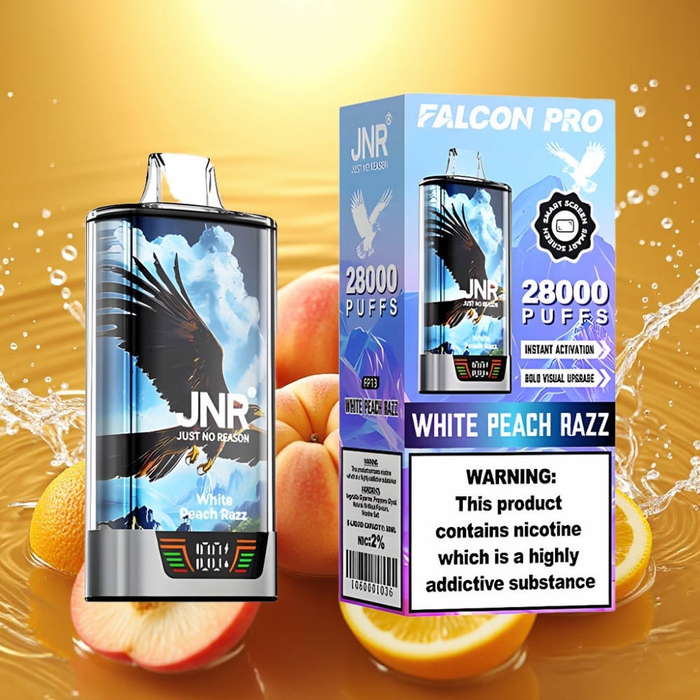 JNR Falcon Pro 28000 Recarregável USB-C Tela Inteligente Coil Duplo MTL Sabor Pêssego Branco Razz