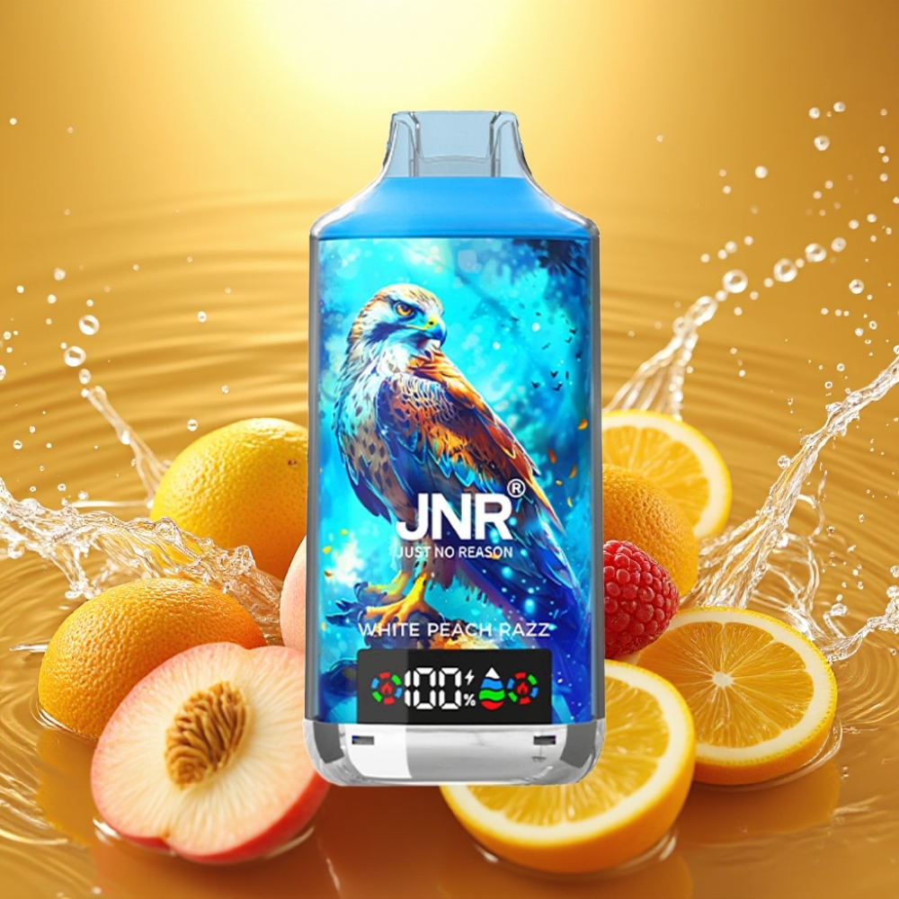 JNR Falcon X 18000 Puffs 750mAh 24ml Dual Mesh Coil Digital Display Type-C Pêssego Branco Razz