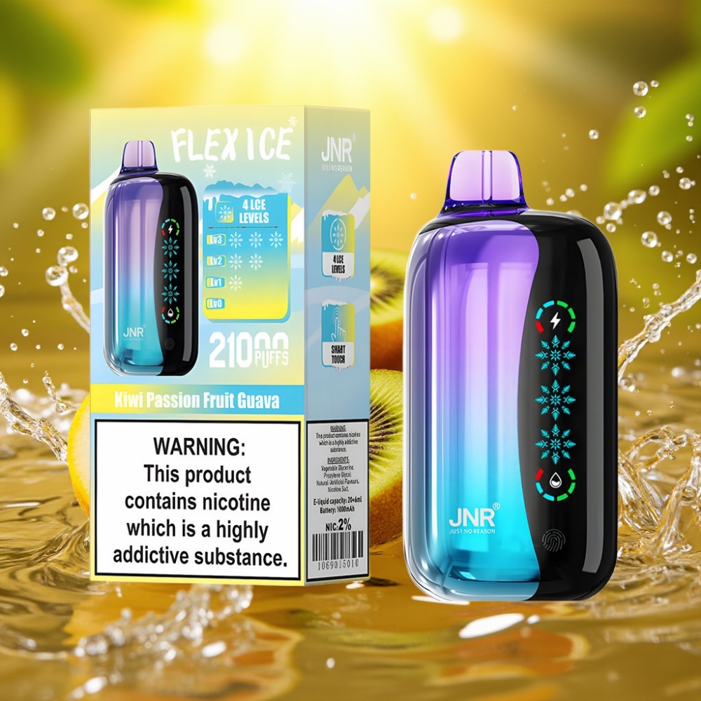 JNR Flex Ice 21000 Puffs Disposable Vape Kiwi Maracujá Goiaba Ice Adjustable 26ml Touch Screen 1.2 Ohm Dual Mesh 1000mAh Type-C