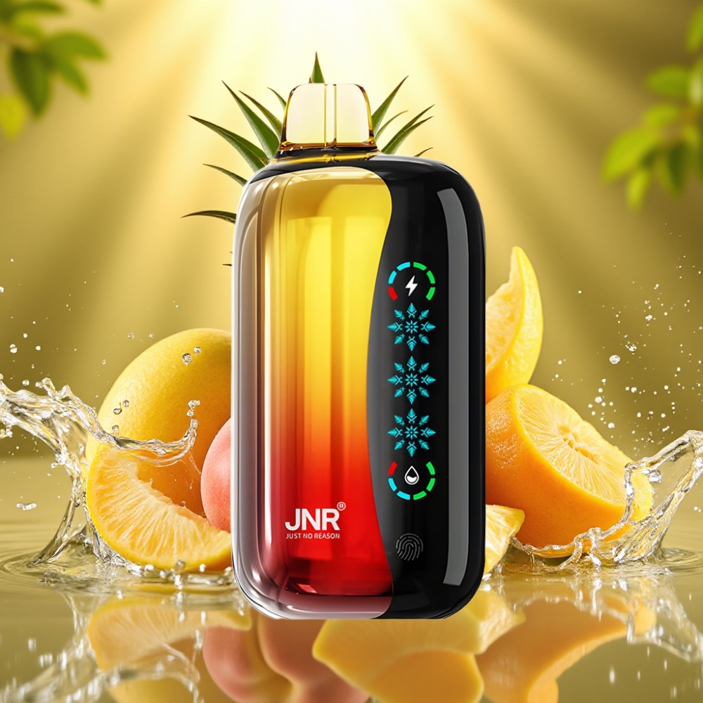 JNR Flex Ice 21000 Puffs Disposable Vape Pêssego Manga Abacaxi com Tela Touch, Gelo Ajustável, 26ml, 1.2 Ohm Dual Mesh, 1000mAh, Tipo-C