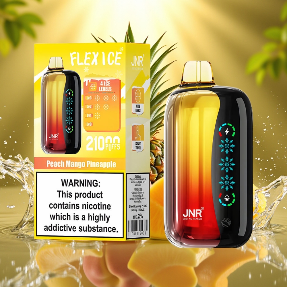 JNR Flex Ice 21000 Puffs Disposable Vape Pêssego Manga Abacaxi com Tela Touch, Gelo Ajustável, 26ml, 1.2 Ohm Dual Mesh, 1000mAh, Tipo-C