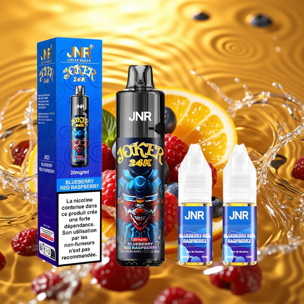 JNR Joker 24K Puffs Disposable Vape 2+10ml Recarregável Mirtilo Framboesa Vermelha TPD 2% 800mAh Type-C