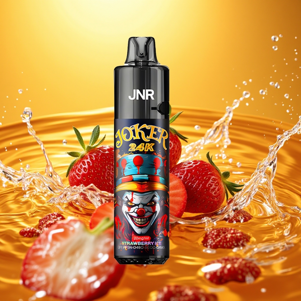 JNR Joker 24K Puffs Disposable Vape Morango Gelo 2+10ml Recarregável 800mAh Tipo-C