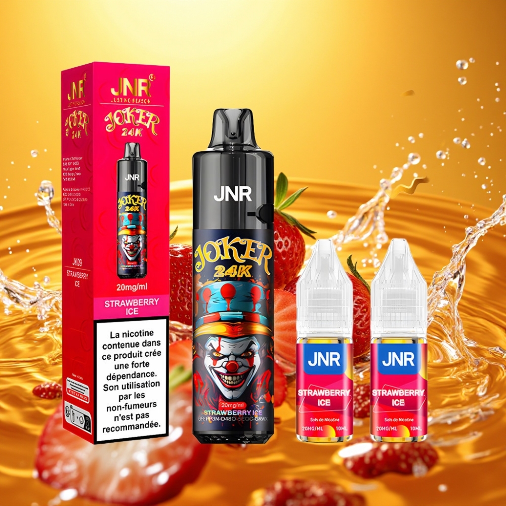 JNR Joker 24K Puffs Disposable Vape Morango Gelo 2+10ml Recarregável 800mAh Tipo-C