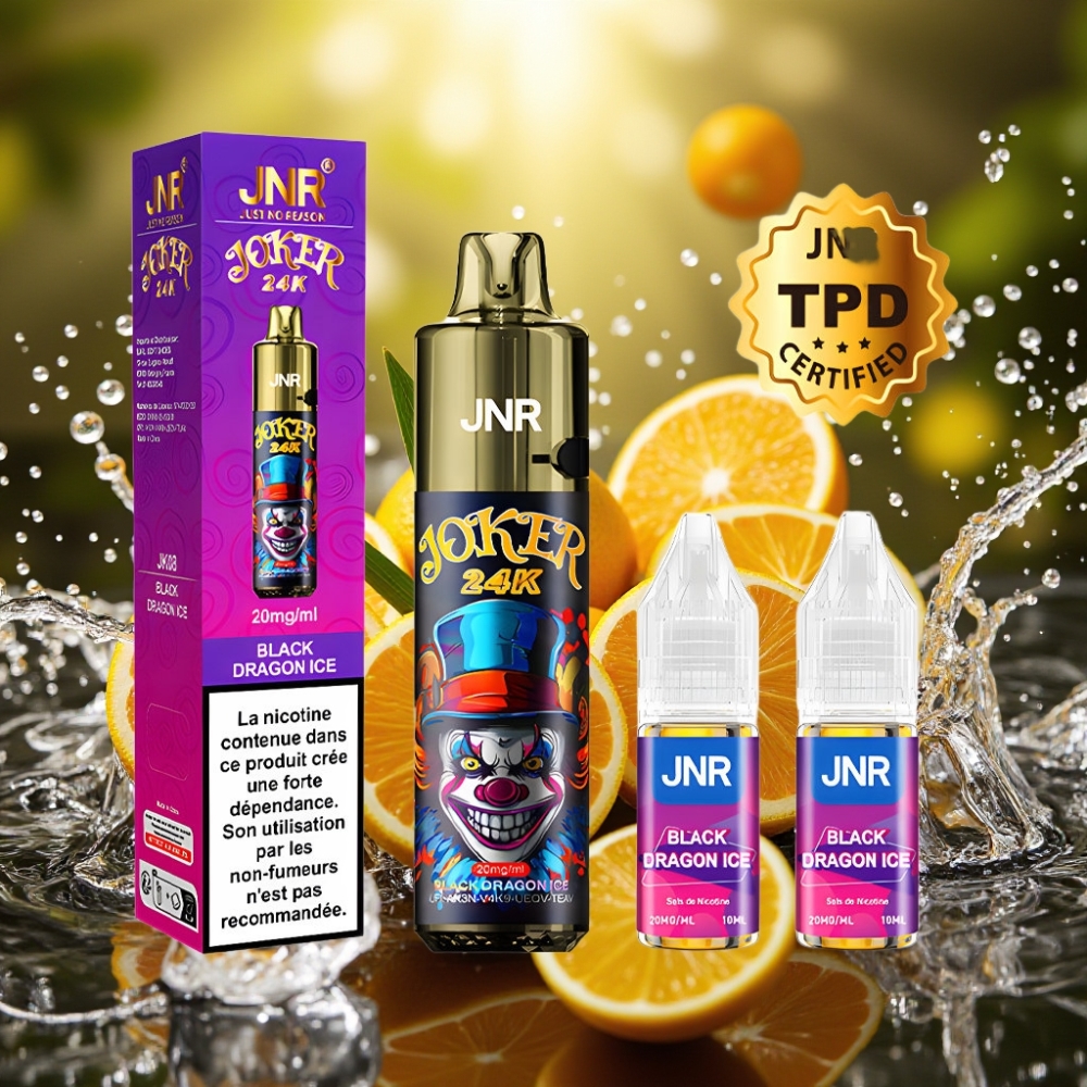 JNR Joker 24K Puffs Recarregável Pod 2+10ml Nível Visível 800mAh Tipo-C Dragão Negro Gelo