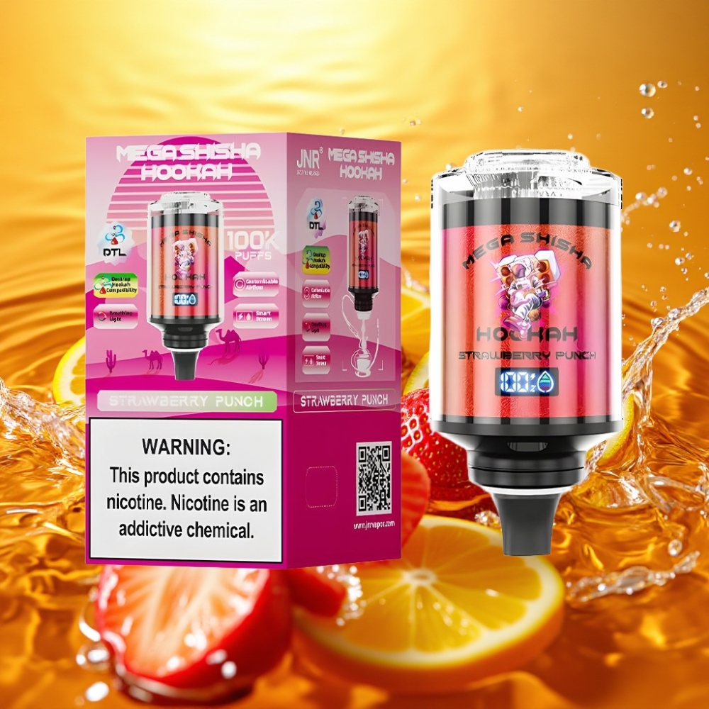JNR Mega Shisha Hookah 100K Desktop Compatível Morango Punch 70.2mm×270mm×143.2mm 60ml 2200mAh Tipo-C Tela Inteligênte Fluxo Ajustável