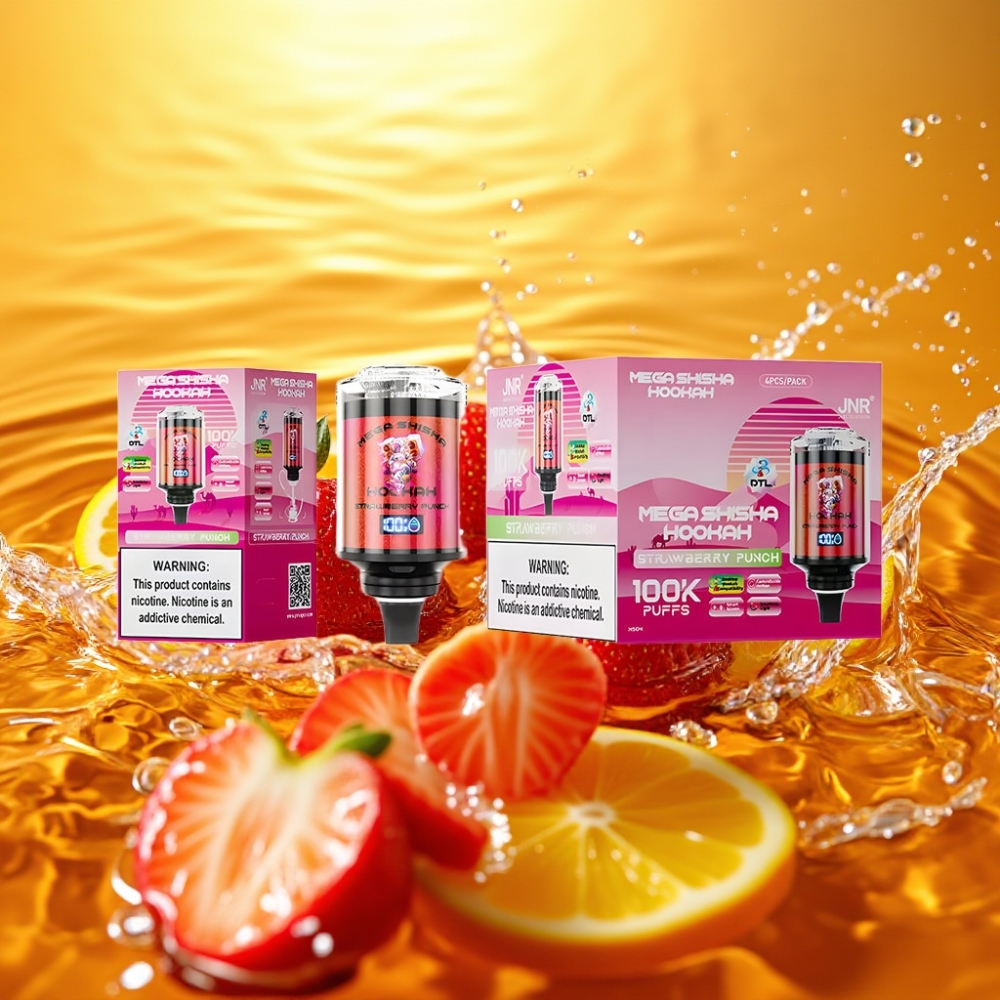 JNR Mega Shisha Hookah 100K Desktop Compatível Morango Punch 70.2mm×270mm×143.2mm 60ml 2200mAh Tipo-C Tela Inteligênte Fluxo Ajustável