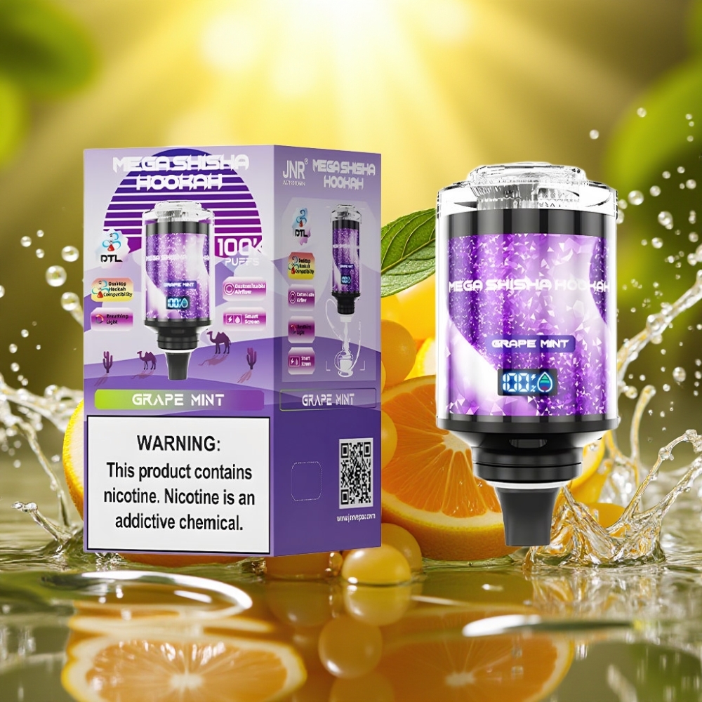 JNR Mega Shisha Hookah 100K Uva Hortelã 60ml 2200mAh Tela Inteligera Fluxo Ajustável