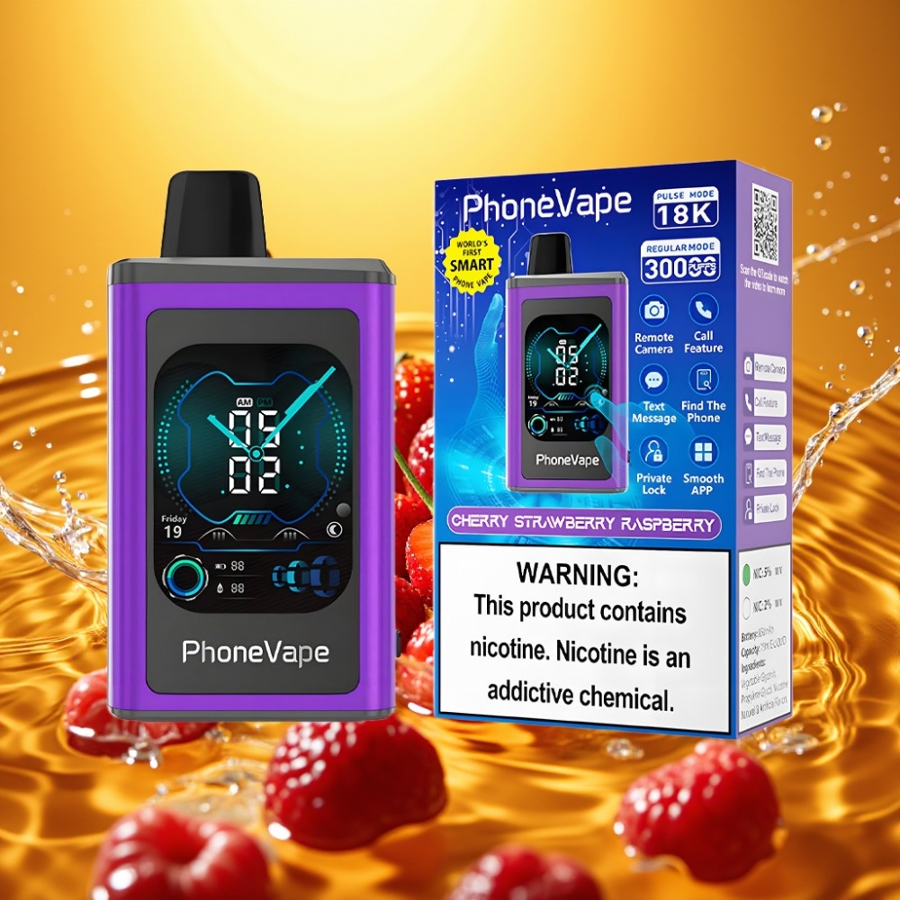 JNR PhoneVape 30000 puffs Recarregável Bateria 850mAh Tipo-C Turbo Modo Ajustável App Câmera Remota Tela Completa Cereja Morango Framboesa