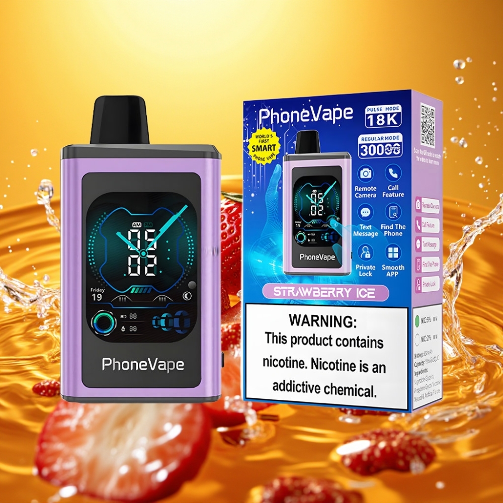 JNR PhoneVape 30000 puffs Recarregável Tipo-C Turbo Modo Ajustável App Câmera Remota Tela Completa Morango Gelo