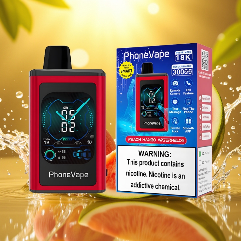 JNR PhoneVape 30000 puffs Recarregável Tipo-C Turbo Modo Ajustável Tela Complema Pêssego Manga Melancia