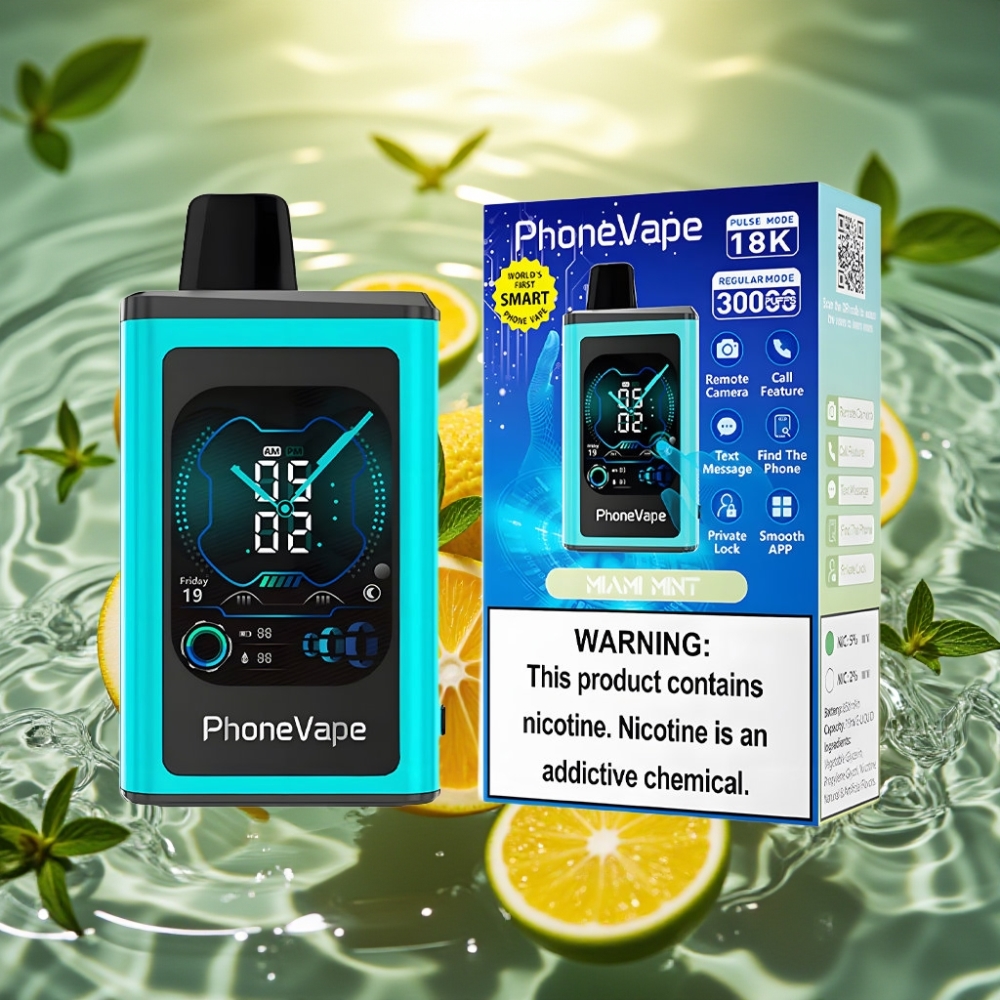JNR PhoneVape 30000 puffs Recarregável Turbo Ajustável App Câmera Tela Menta de Miami