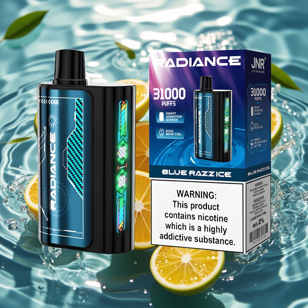 JNR Radiance 31000 Puffs 28ml Dual Mesh Tela Animada Tipo-C Azul Framboesa Gelo