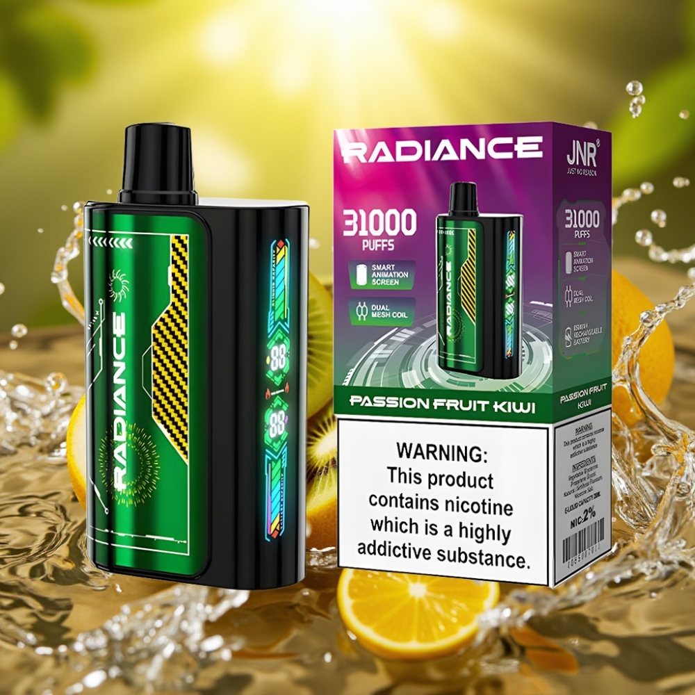 JNR Radiance 31000 Puffs 28ml Tela Animada Dual Mesh 950mAh Type-C Maracujá Kiwi