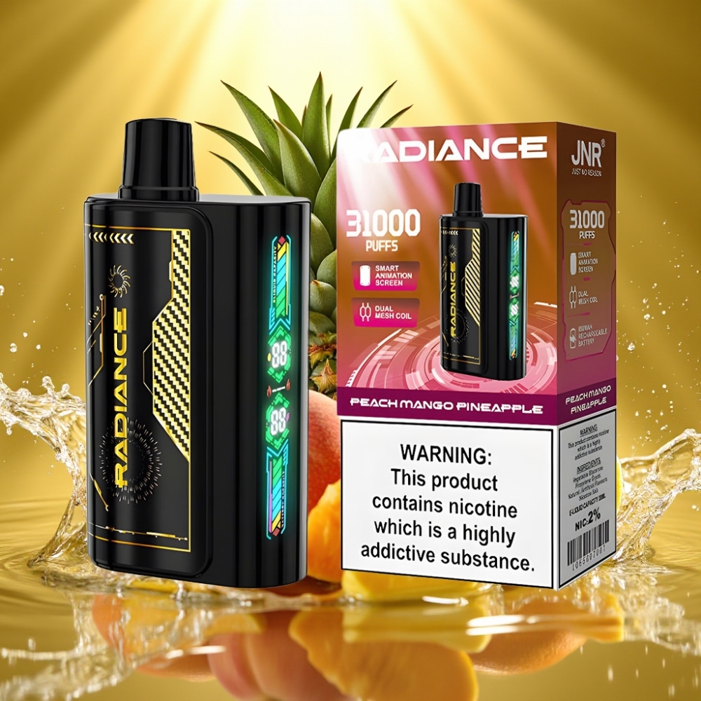 JNR Radiance 31000 Puffs 28ml Tela Animada Dual Mesh Bateria 950mAh Pêssego Manga Abacaxi