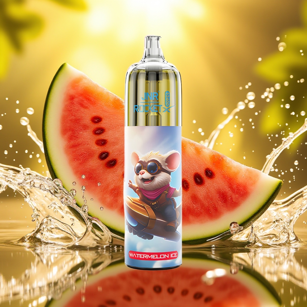 JNR Rocket-X 12400 Puffs Disposable Vape Melancia Gelada com Fluxo de Ar Ajustável, Luzes RGB, Bobina Mesh 1.2ohm, Bateria 850mAh, 25ml, Carga Rápida Type-C