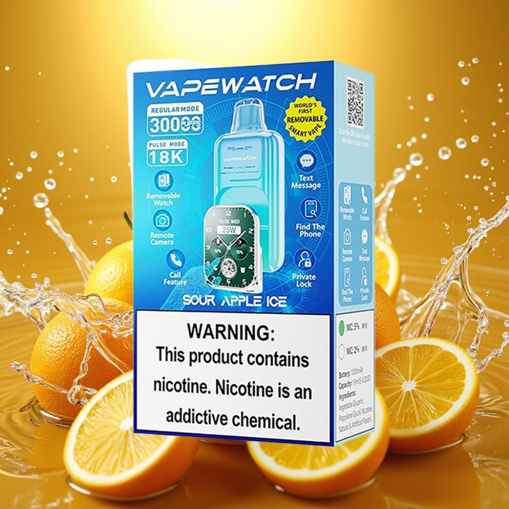 JNR VapeWatch 30000 Puffs Maçã Verde Gelada 1000mAh 19mL 5% Dual Mesh Type-C