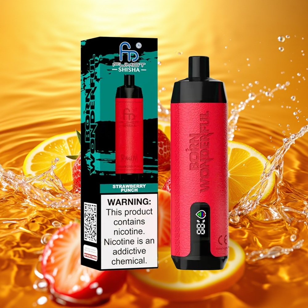 RandM Fumot Shisha 10000 Puffs Disposable Vape LED Tipo-C Morango Punch 18ml 0.6ohm 0.5%
