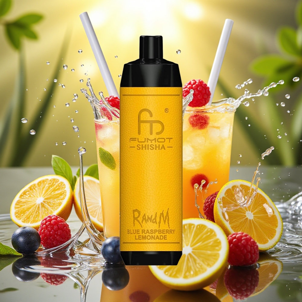 RandM Fumot Shisha 10000 Puffs LED Tipo-C 18ml 850mAh 0.6ohm 0.5% Nic Limão Framboesa Azul