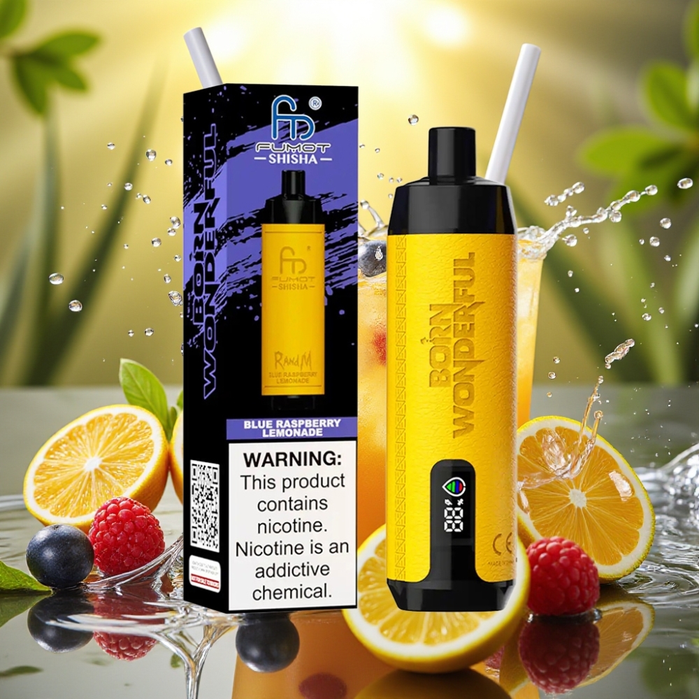 RandM Fumot Shisha 10000 Puffs LED Tipo-C 18ml 850mAh 0.6ohm 0.5% Nic Limão Framboesa Azul