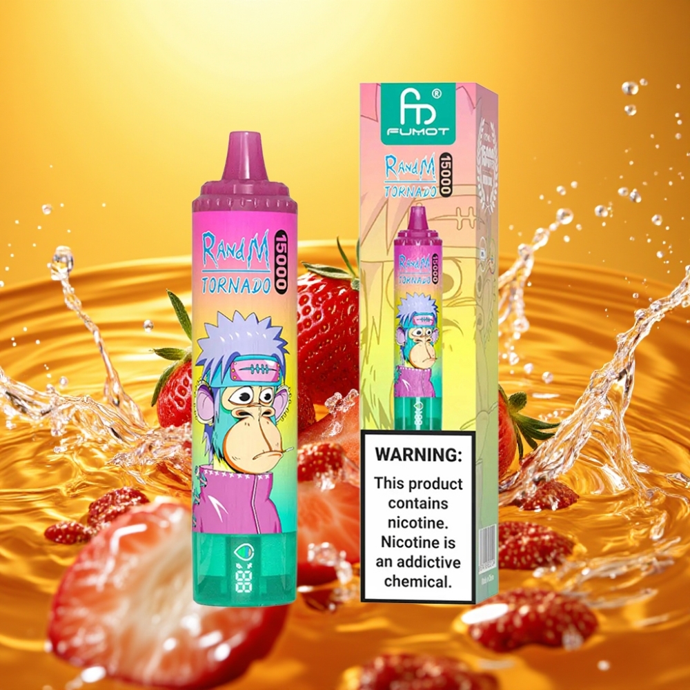 RandM Fumot Tornado 15000 Puffs 25ml 850mAh 0.9Ohm Mesh Gelado de Morango USB-C LCD