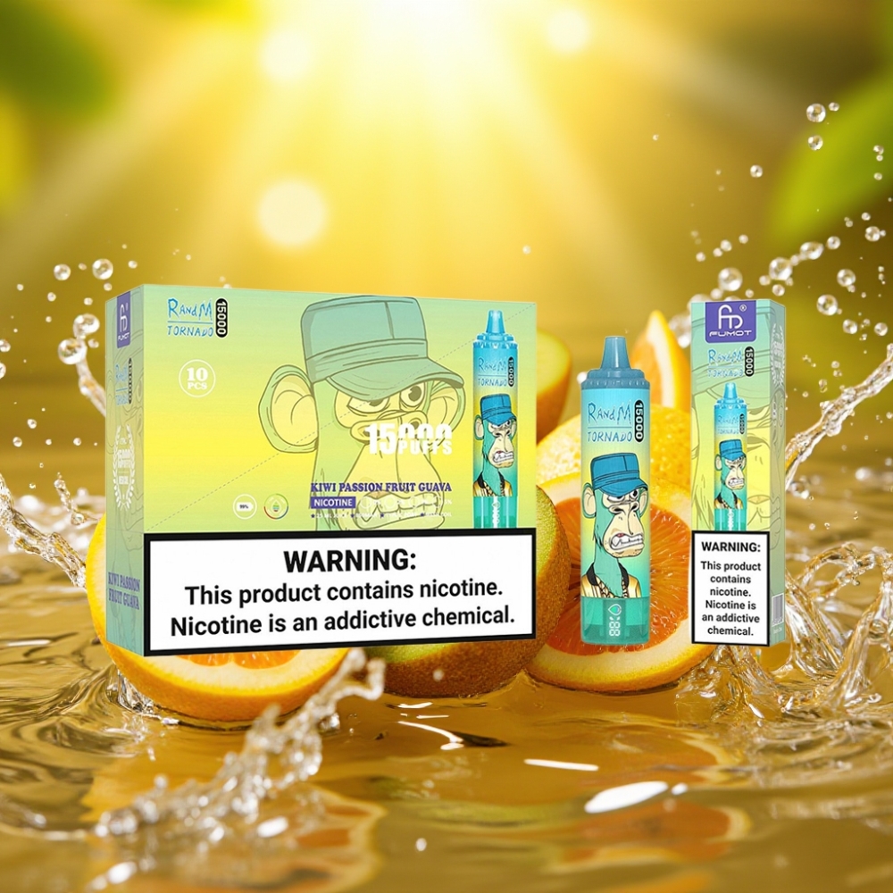 RandM Fumot Tornado 15000 Puffs 25ml 850mAh 0.9 Ohm Mesh Kiwi Maracujá Goiaba USB-C LCD
