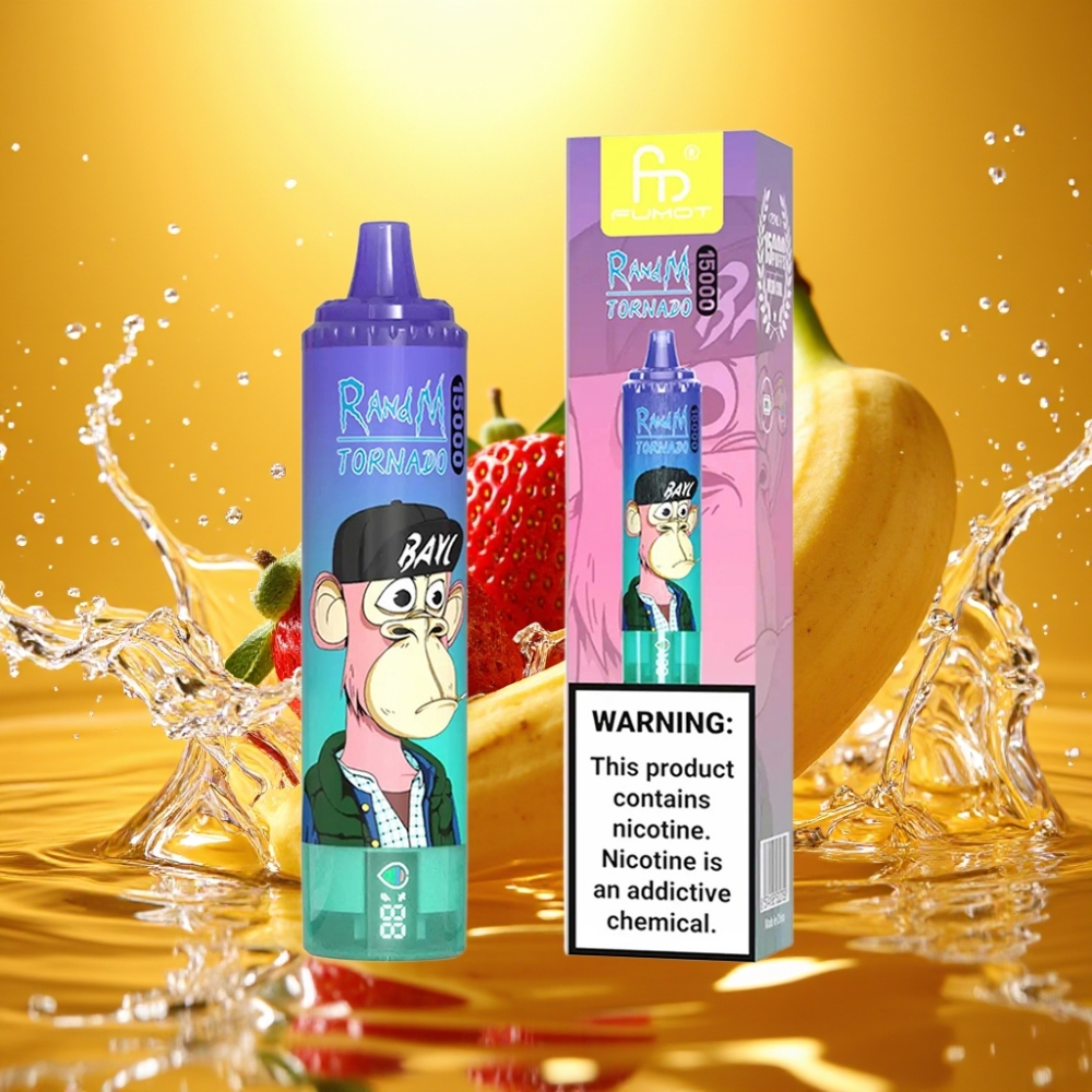 RandM Fumot Tornado 15000 Puffs 25ml 850mAh 0.9 Ohm Mesh Morango Banana LCD Tipo-C