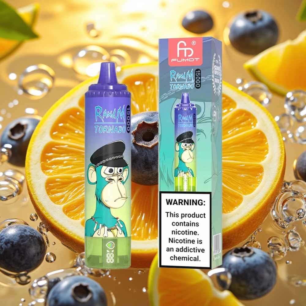 RandM Fumot Tornado 15000 Puffs 25ml 850mAh 0.9 Ohm Mesh USB-C LCD Manga Azul Chiclete